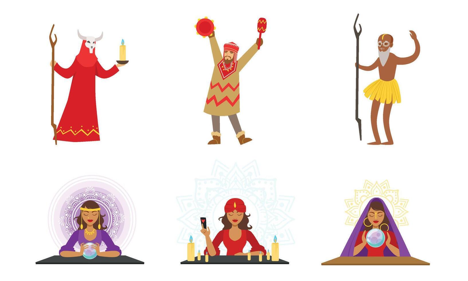 Shamans and fortunetellers with different attributes. illustration. vector