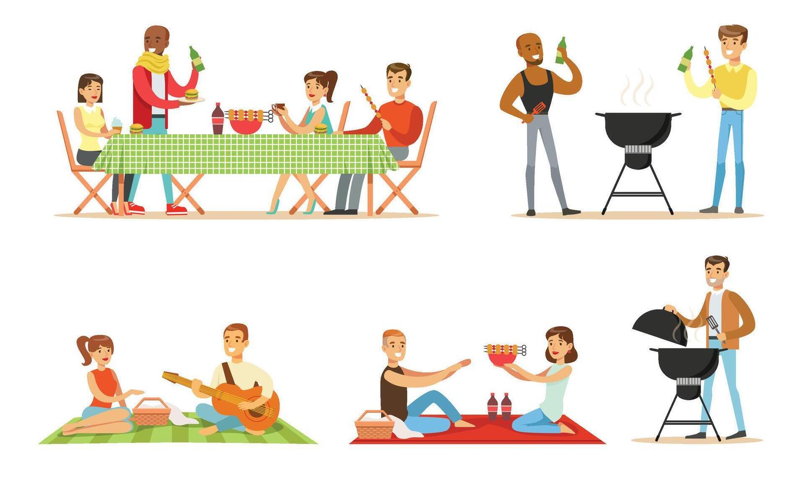 People relax on the barbecue and picnic. illustration. vector