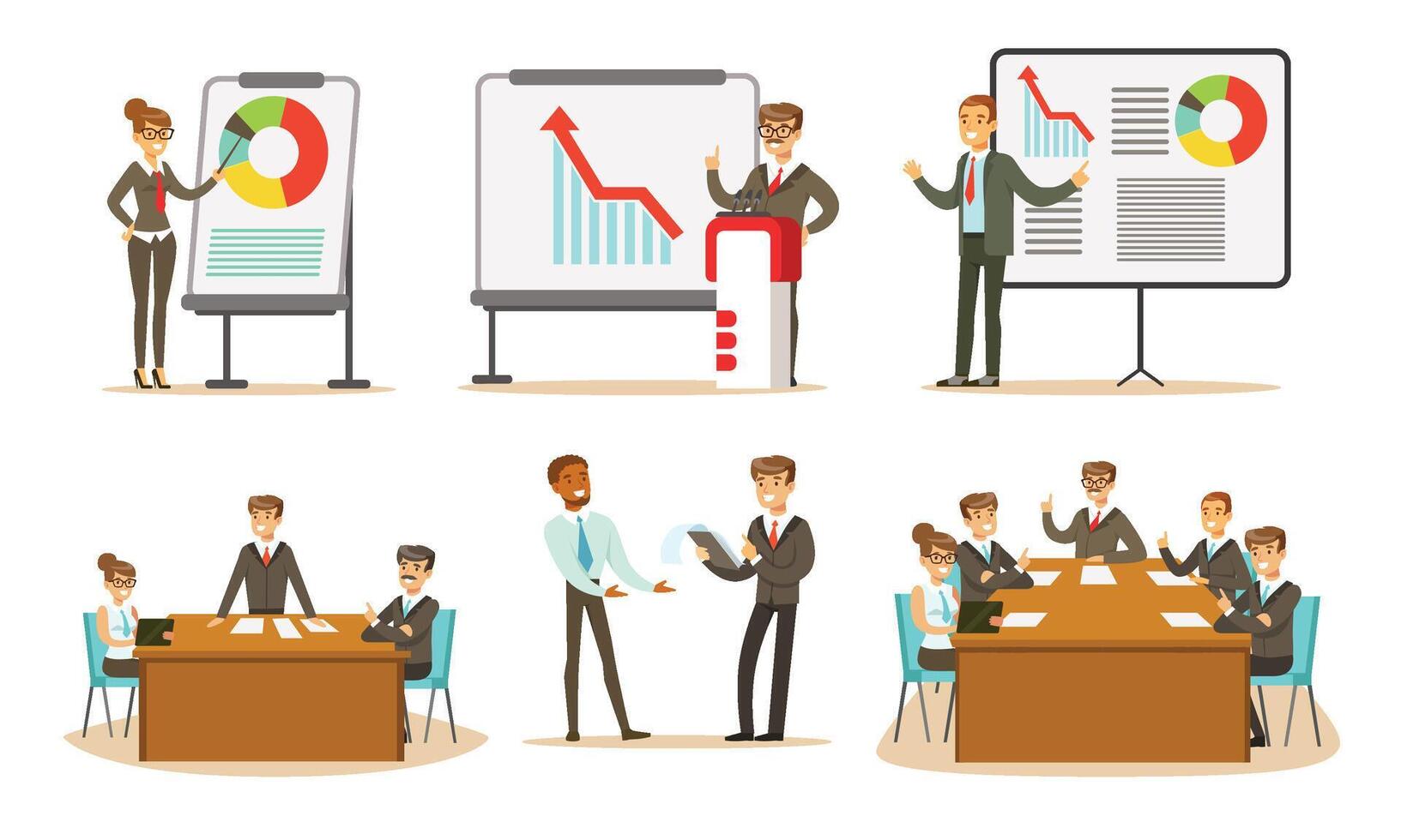 People at the presentation show different graphs. illustration. vector