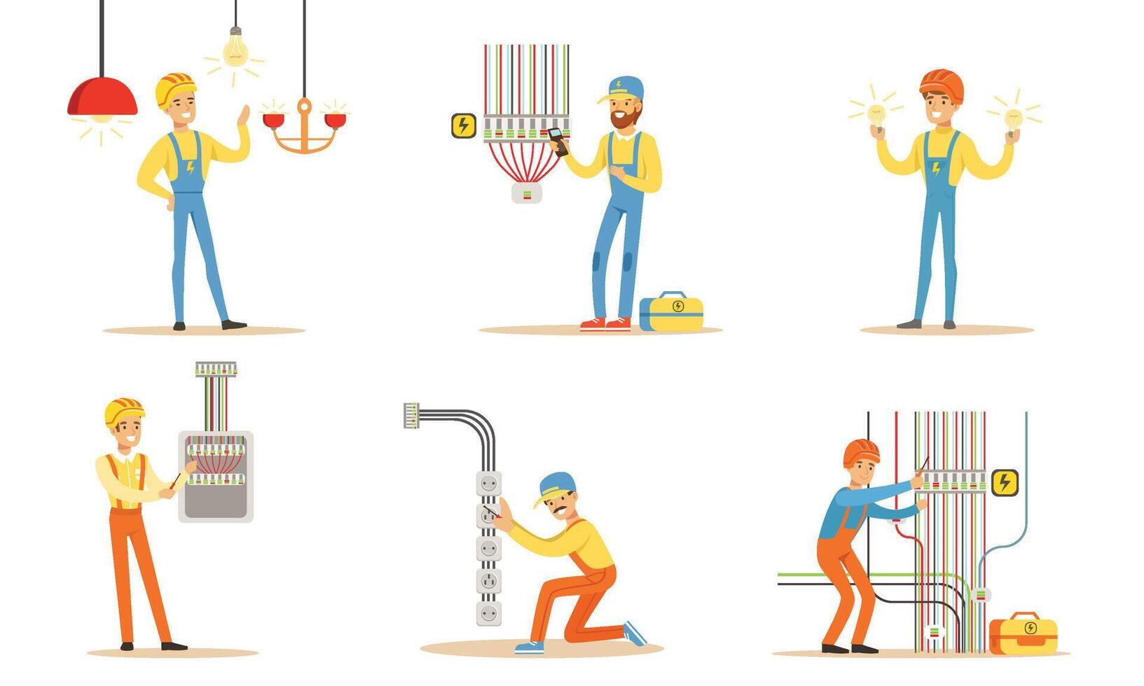 Electrician in uniform next to many wires. illustration. vector