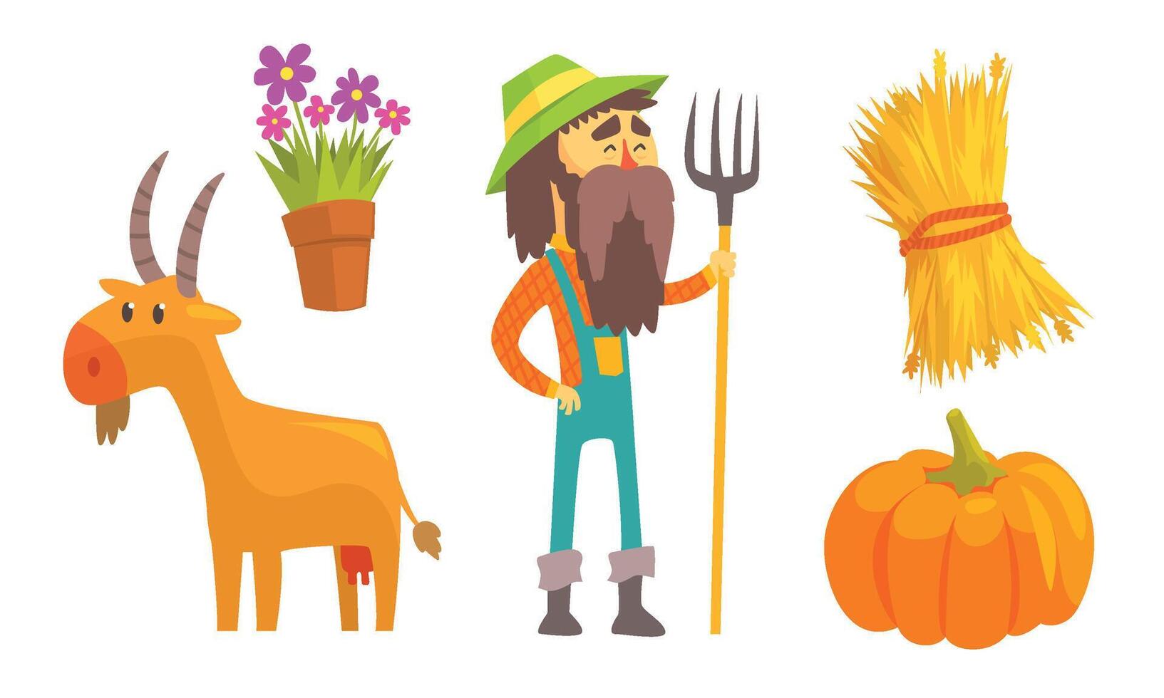 Farmer, goat and farm tools. illustration. vector