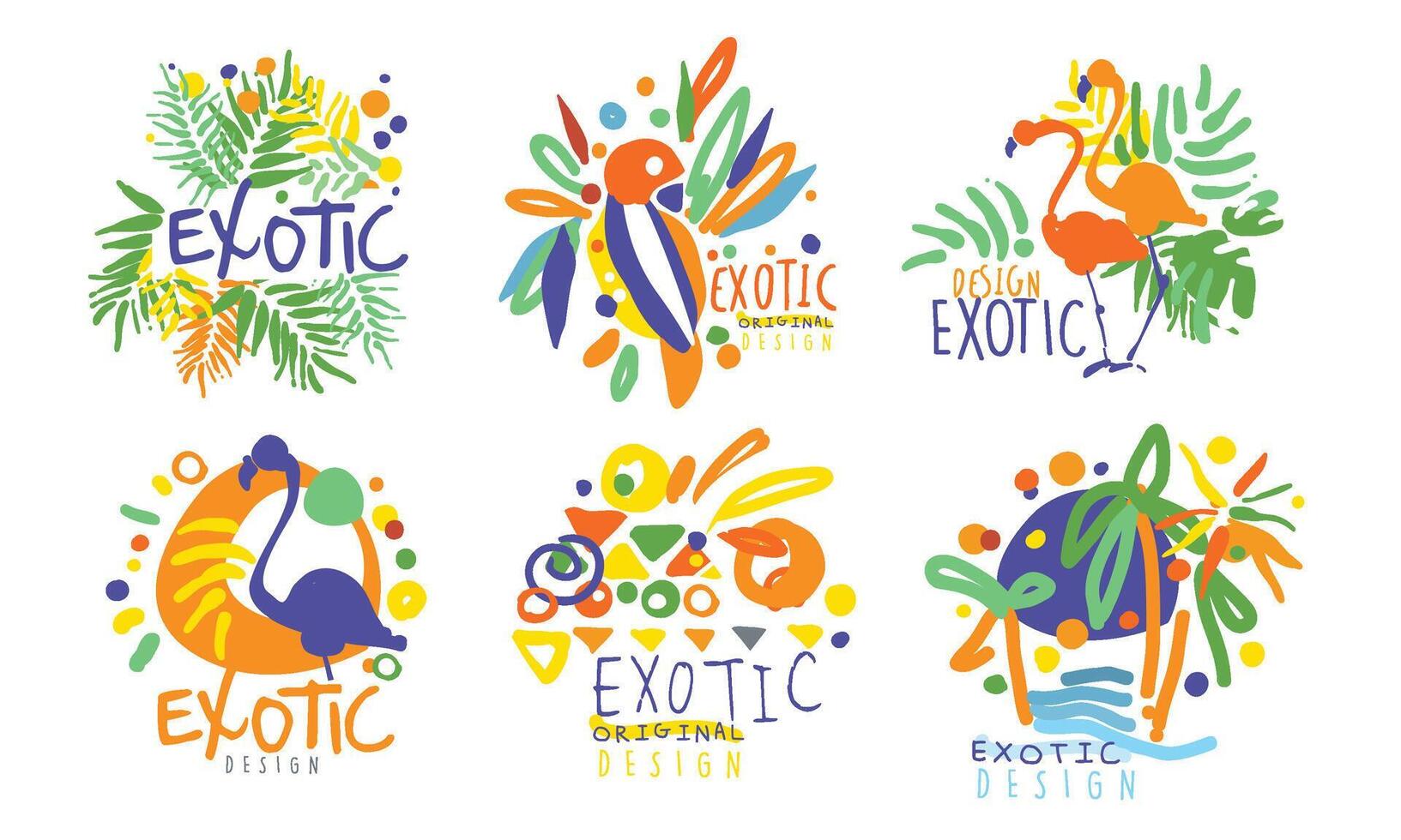 Set of contour logos with lettering and exotic objects. illustration. vector