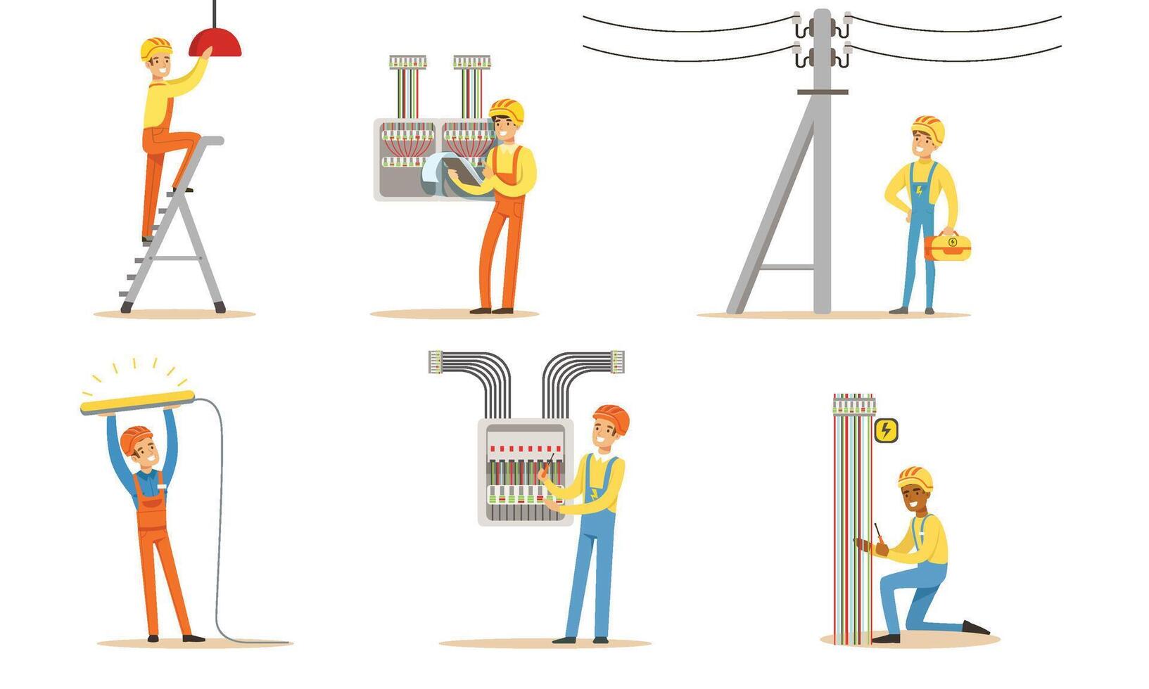 Electrician in a helmet and uniform works. illustration. vector