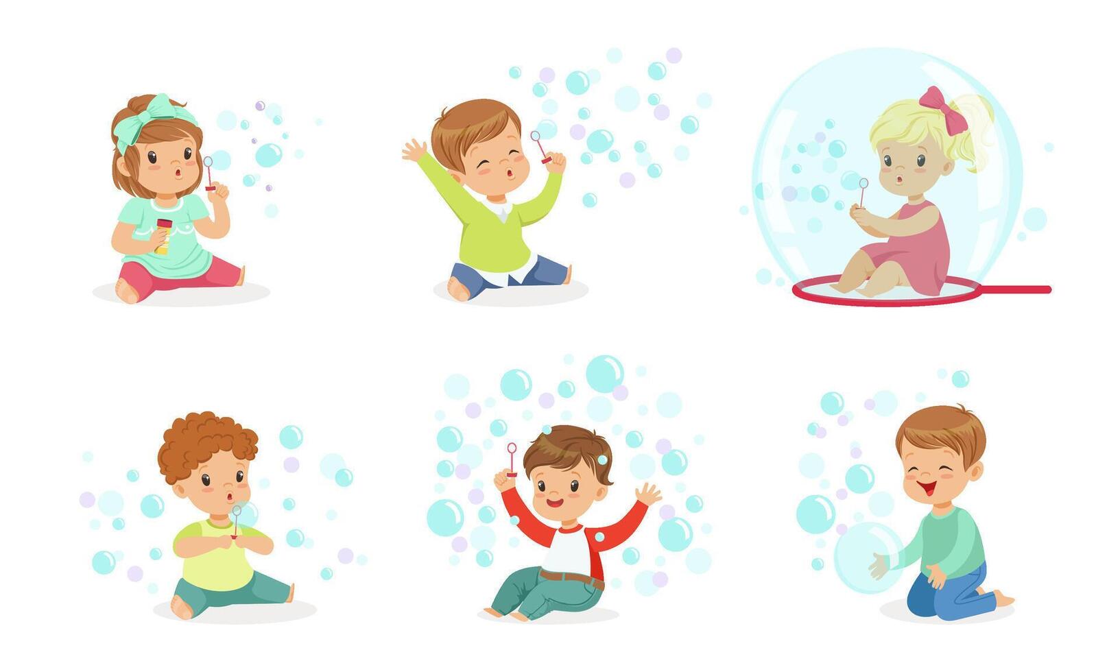 Toddlers play with soap bubbles. illustration. vector