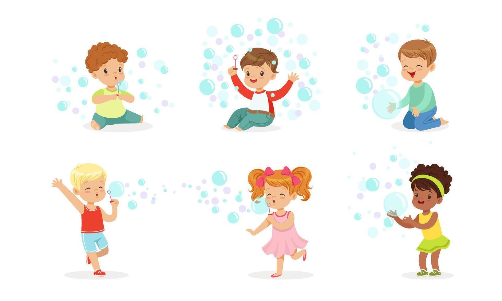 Boys and girls play with soap bubbles. illustration. vector