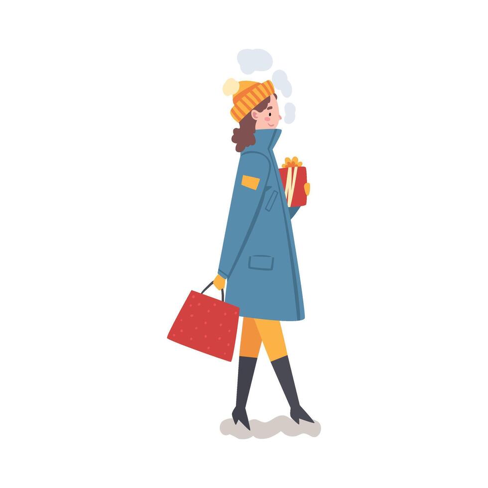 Young Woman in Winter Clothing Walking with Gift Box and Shopping Bag, Girl Doing Christmas Shopping to Prepare for Christmas and Giving Presents Illustration vector