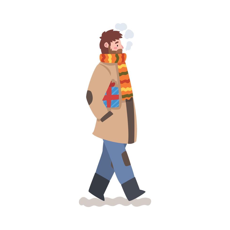 Man in Winter Clothing Walking with Gift Box, Young Man Preparing for Christmas and Giving Present Illustration vector