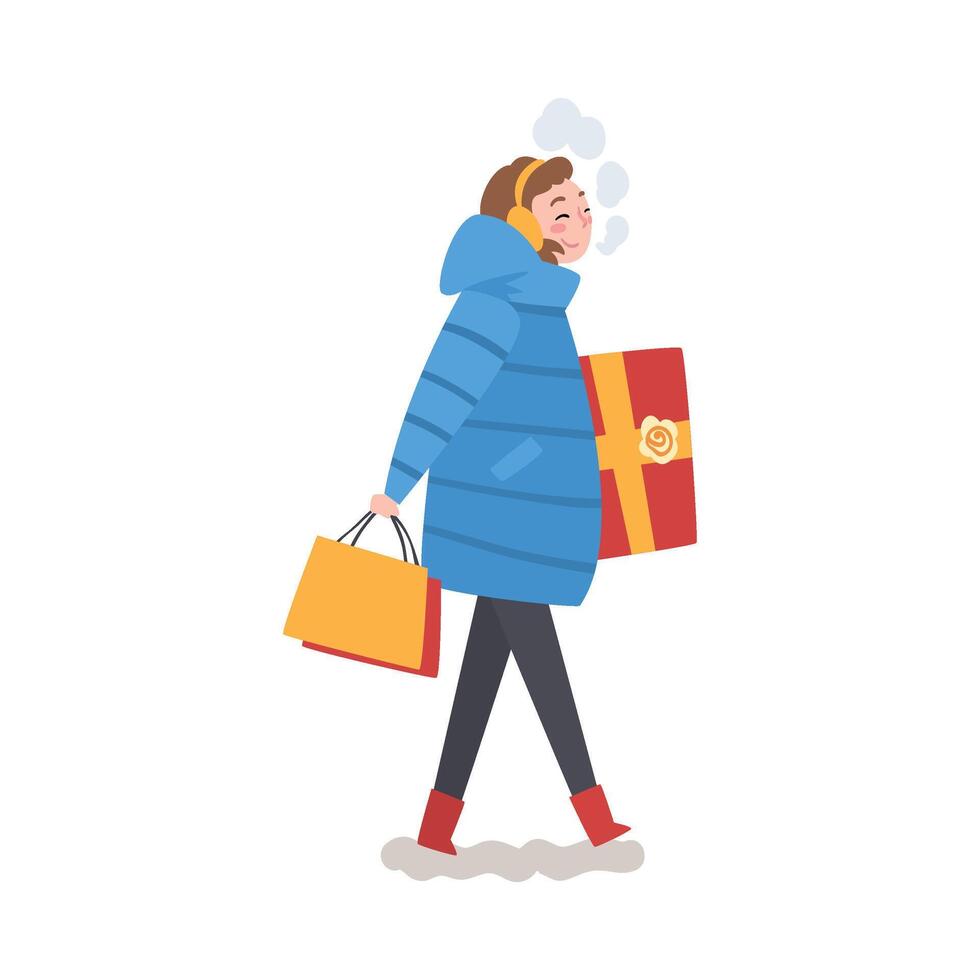 Smiling Girl in Winter Clothing Walking with Gift Box and Shopping Bag, Girl Doing Christmas Shopping to Prepare for Christmas and Giving Presents, Festive Mood Illustration vector