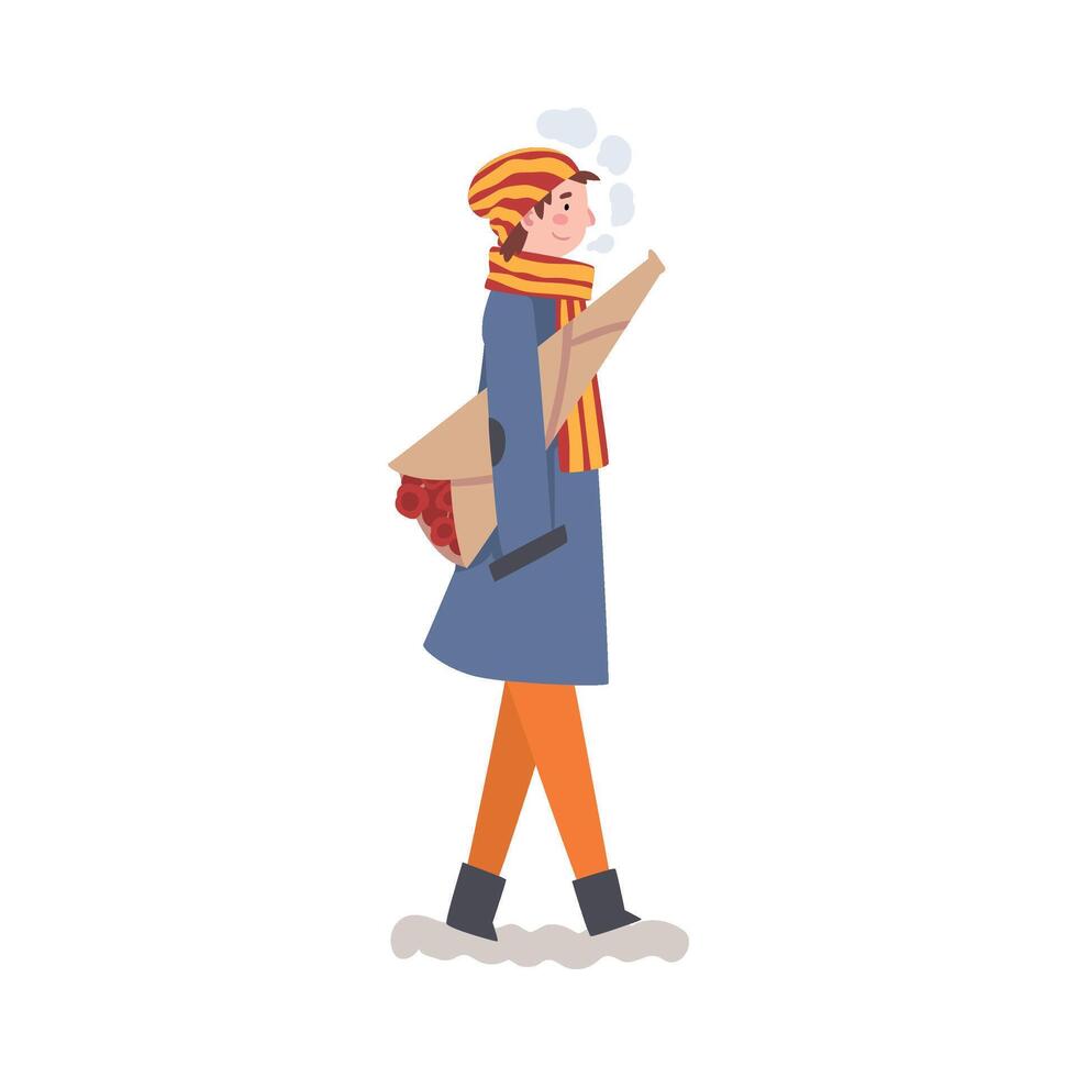 Man in Winter Clothing Walking with Bouquet of Flowers, Giving Christmas Present Illustration vector