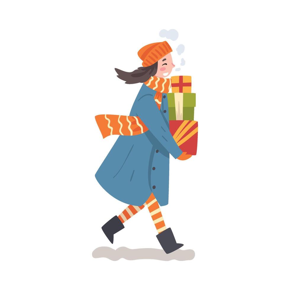 Happy Girl in Winter Clothing Walking with Wrapped Christmas Presents, Girl Doing Christmas Shopping to Prepare for Christmas and Giving Presents Illustration vector