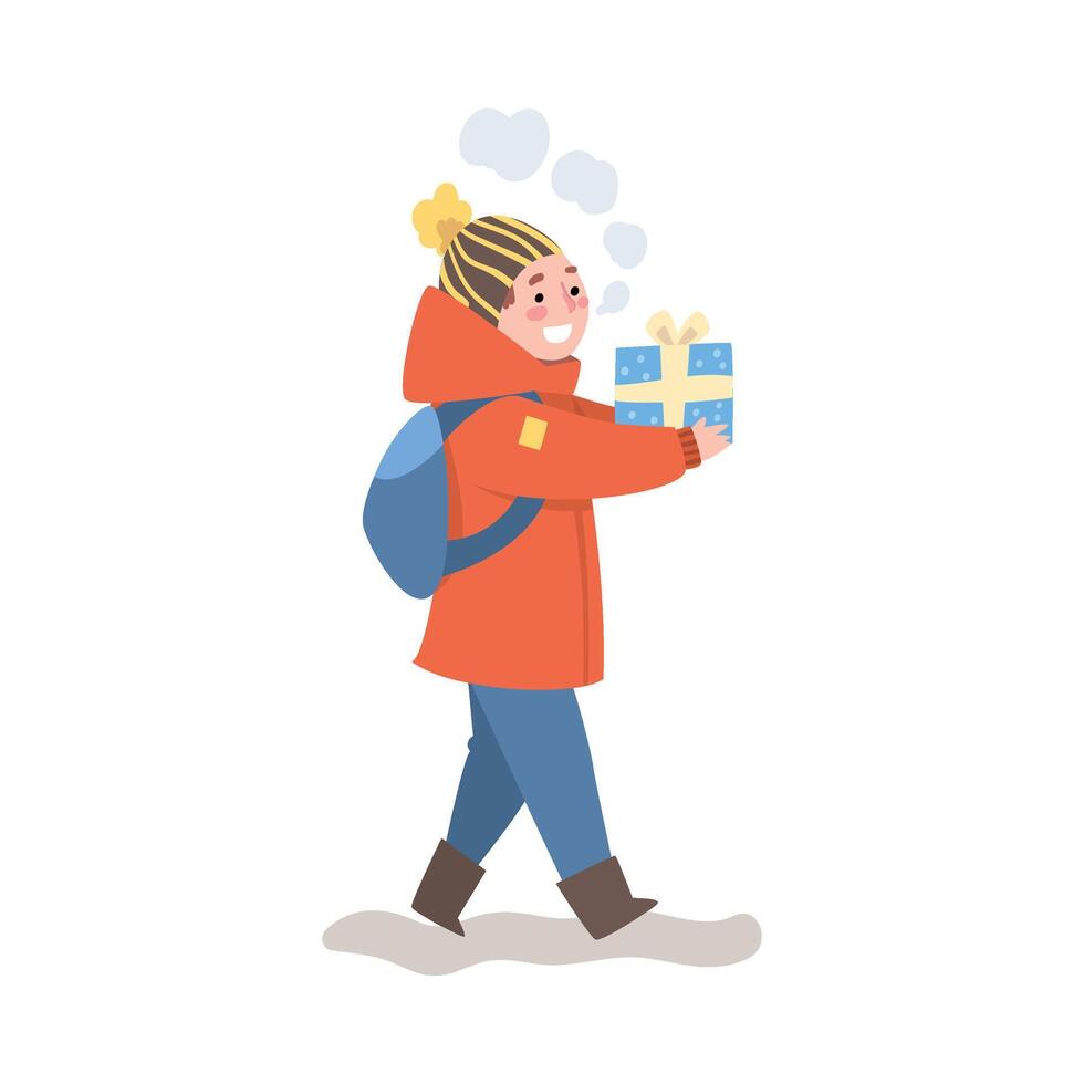 Cute Happy Boy in Winter Clothing Walking with Gift Box, Child Preparing for Christmas and Giving Present Illustration vector