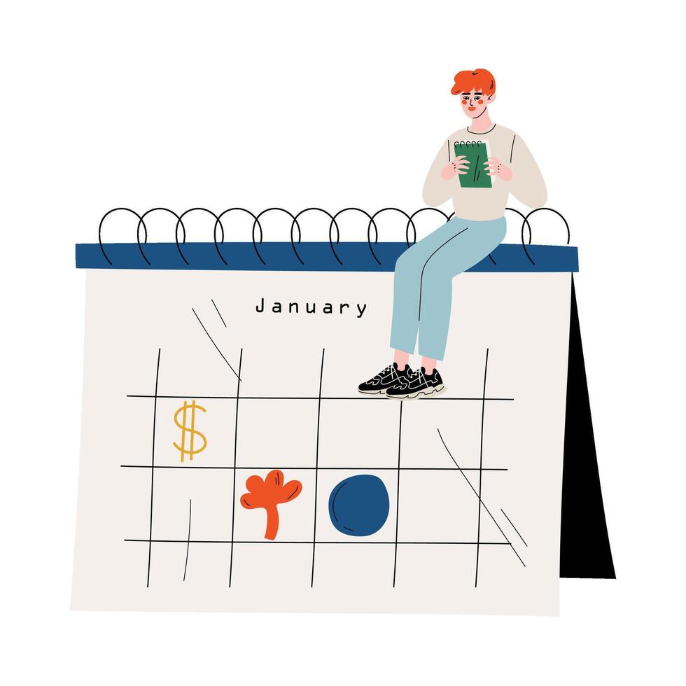 Small Man Sitting on a Big Calendar Planning and Scheduling Important Events, Time Management and Business Planning Illustration vector