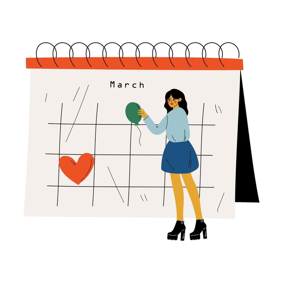 Small Young Woman Standing Near Big Calendar Planning and Scheduling Important Events, Time Management and Business Planning Illustration vector