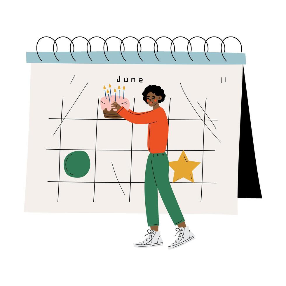 Small African American Man Planning and Scheduling Important Events on Big Calendar, Time Management and Business Planning Illustration vector