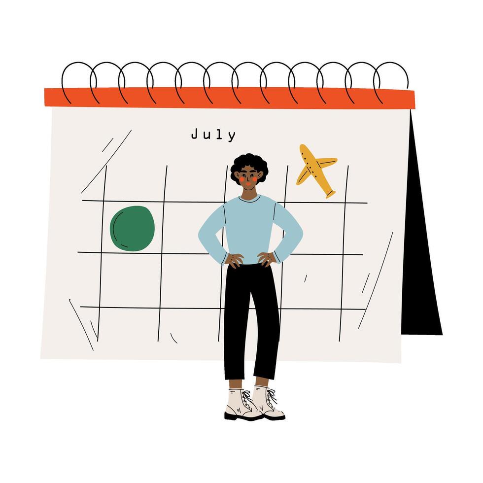 Young African American Man Standing Near Big Calendar Planning and Scheduling Important Events, Time Management and Business Planning Illustration vector