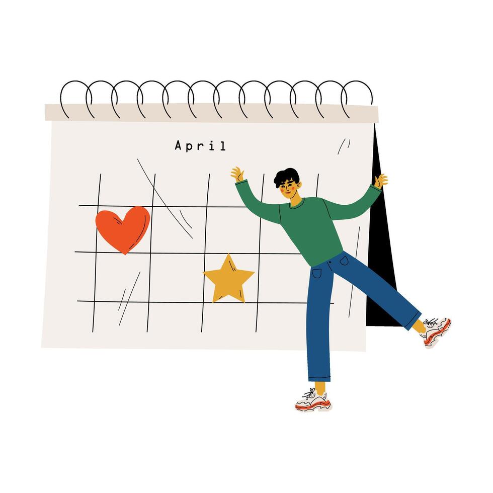 Young Man Standing Near Big Calendar Planning and Scheduling Important Events, Time Management and Business Planning Illustration vector