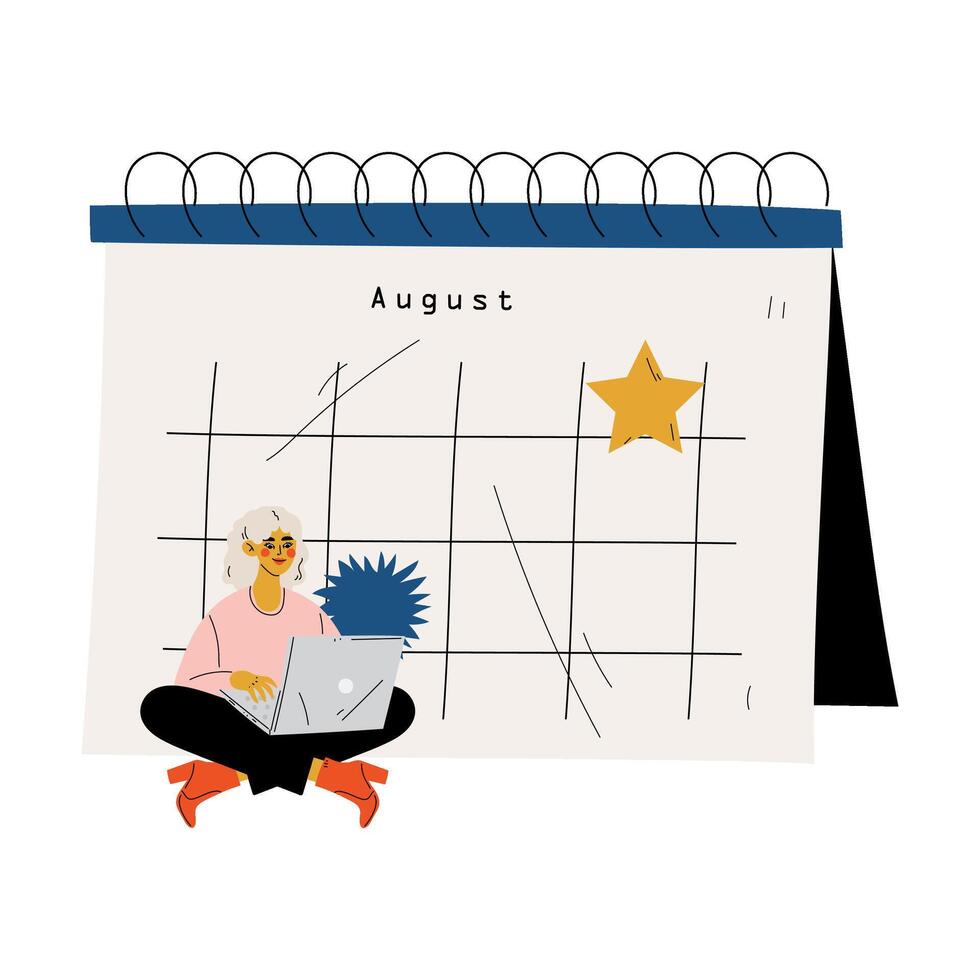 Young Woman Sitting Near Big Calendar Using Laptop Computer, Time Management and Business Planning Illustration vector