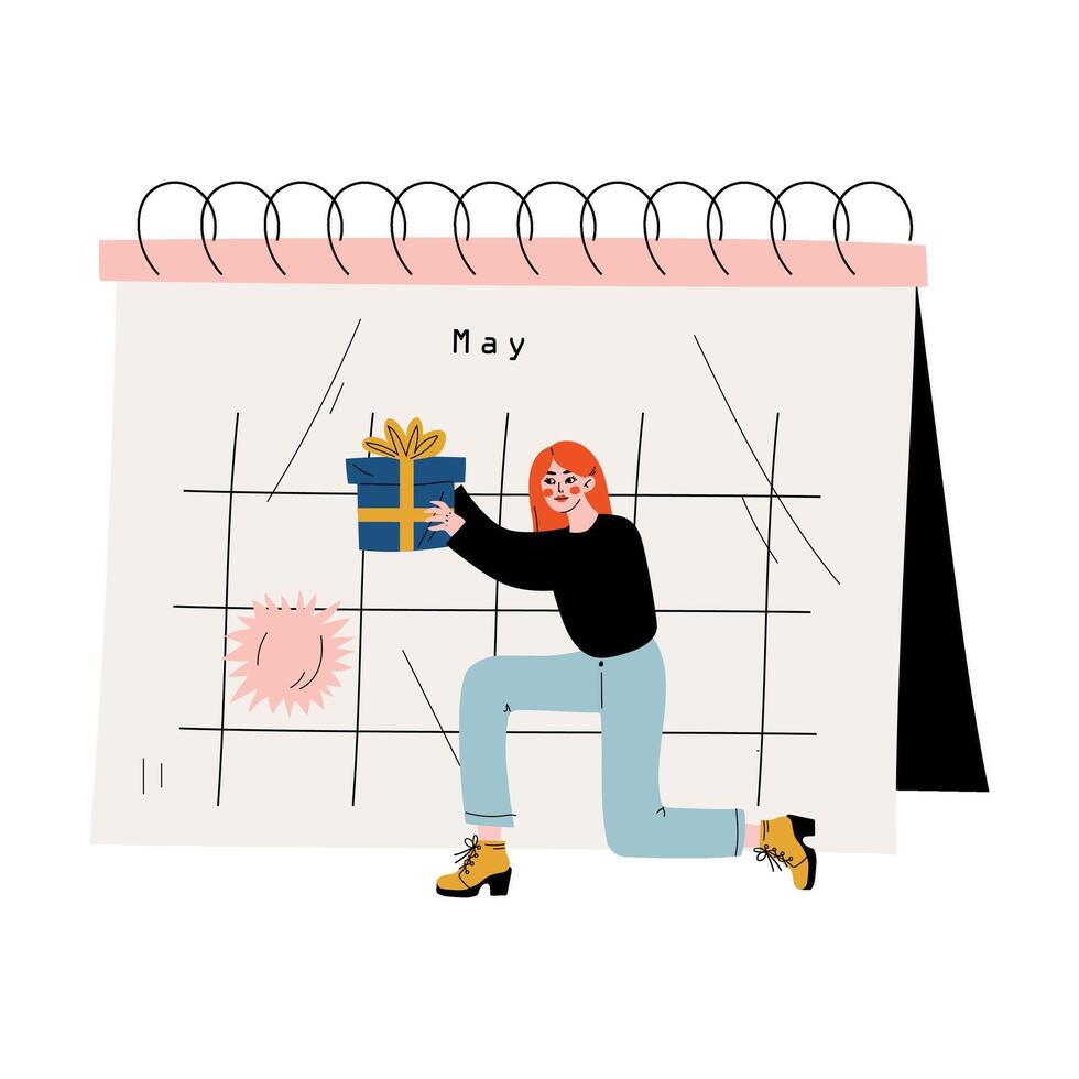 Small Young Woman Planning and Scheduling Important Events on Big Calendar, Time Management and Business Planning Illustration vector
