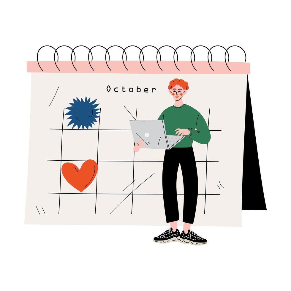 Young Man Standing Near Big Calendar Using Laptop Computer, Time Management and Business Planning Illustration vector