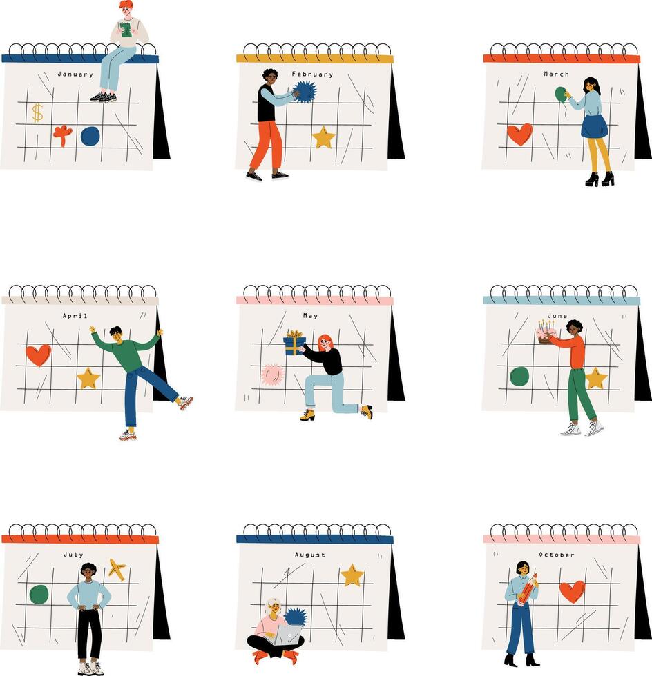 Collection of Small People Standing Near Big Calendar Planning and Scheduling Important Events, Time Management and Business Planning Comcept Illustration vector