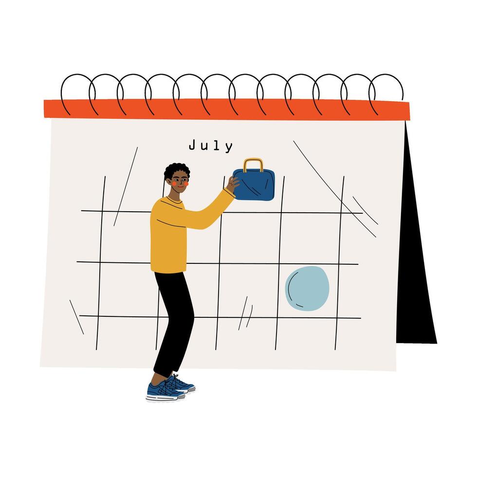 African American Man Planning Important Events on Big Calendar, Time Management and Business Planning Illustration vector
