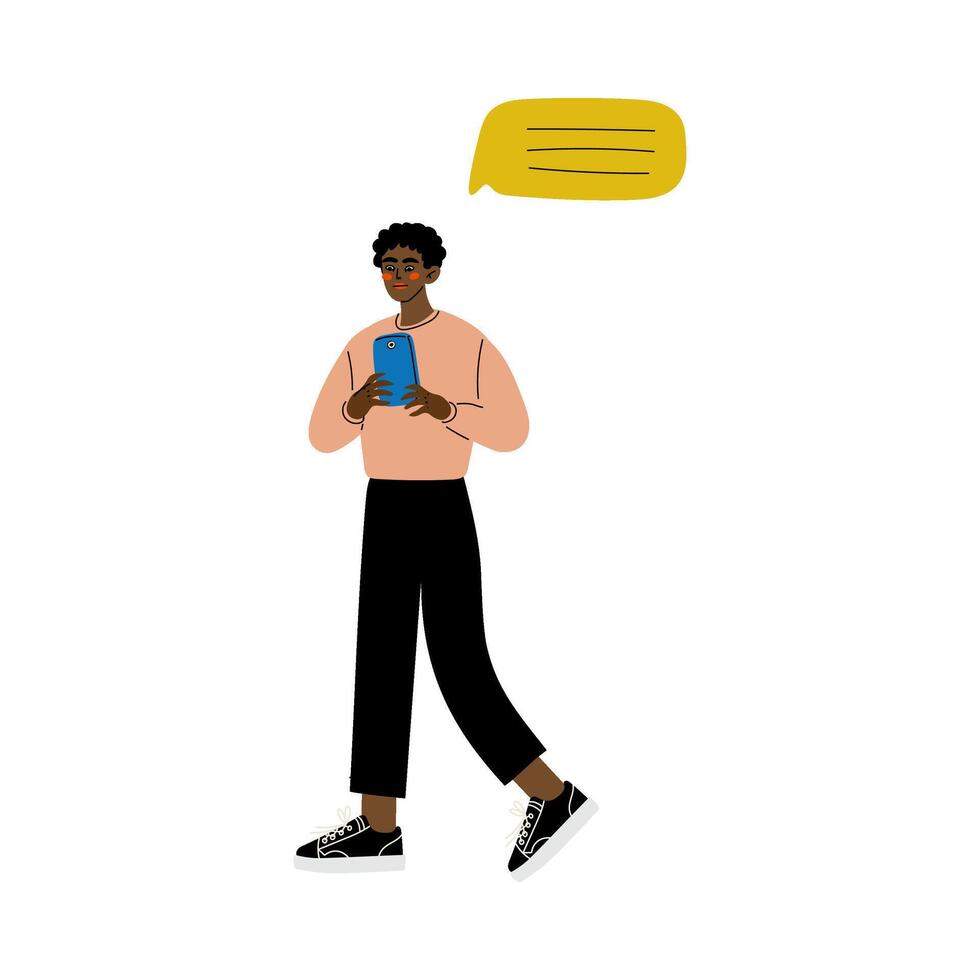 Young African American Man Chatting Online or Searching for Information Using Smartphone Illustration vector