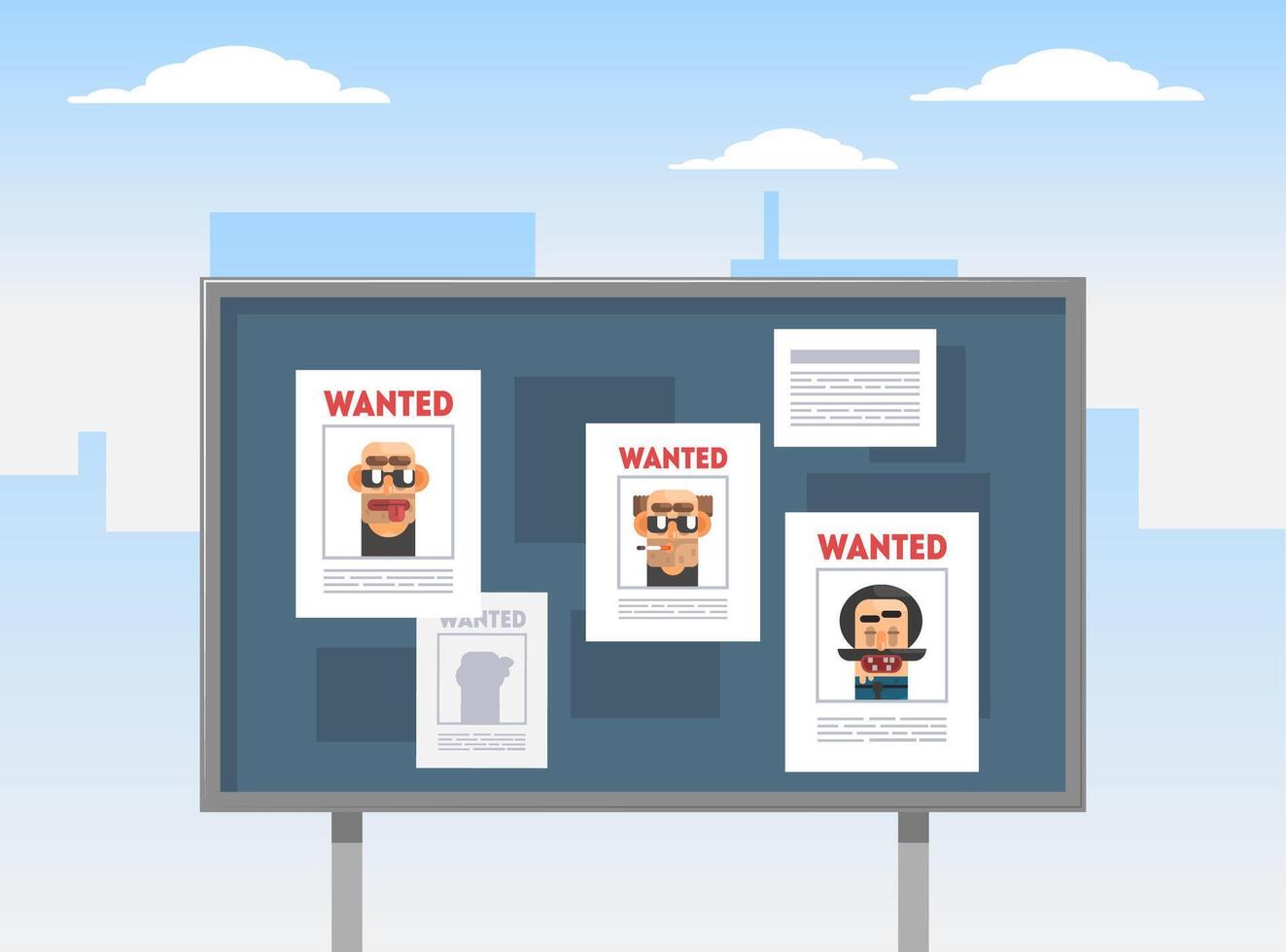 Wanted Criminals Banner Template, Placards with Arrested Men Photos on a Billboard Illustration vector