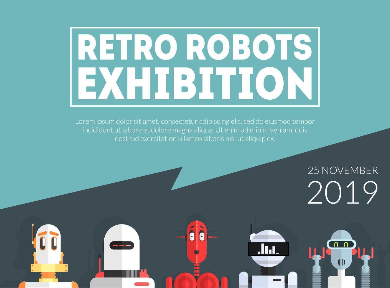 Retro Robots Exhibition Banner Template, Artificial Intelligence Technologies Advertising Flyer, Poster, Promotional Material Illustration vector