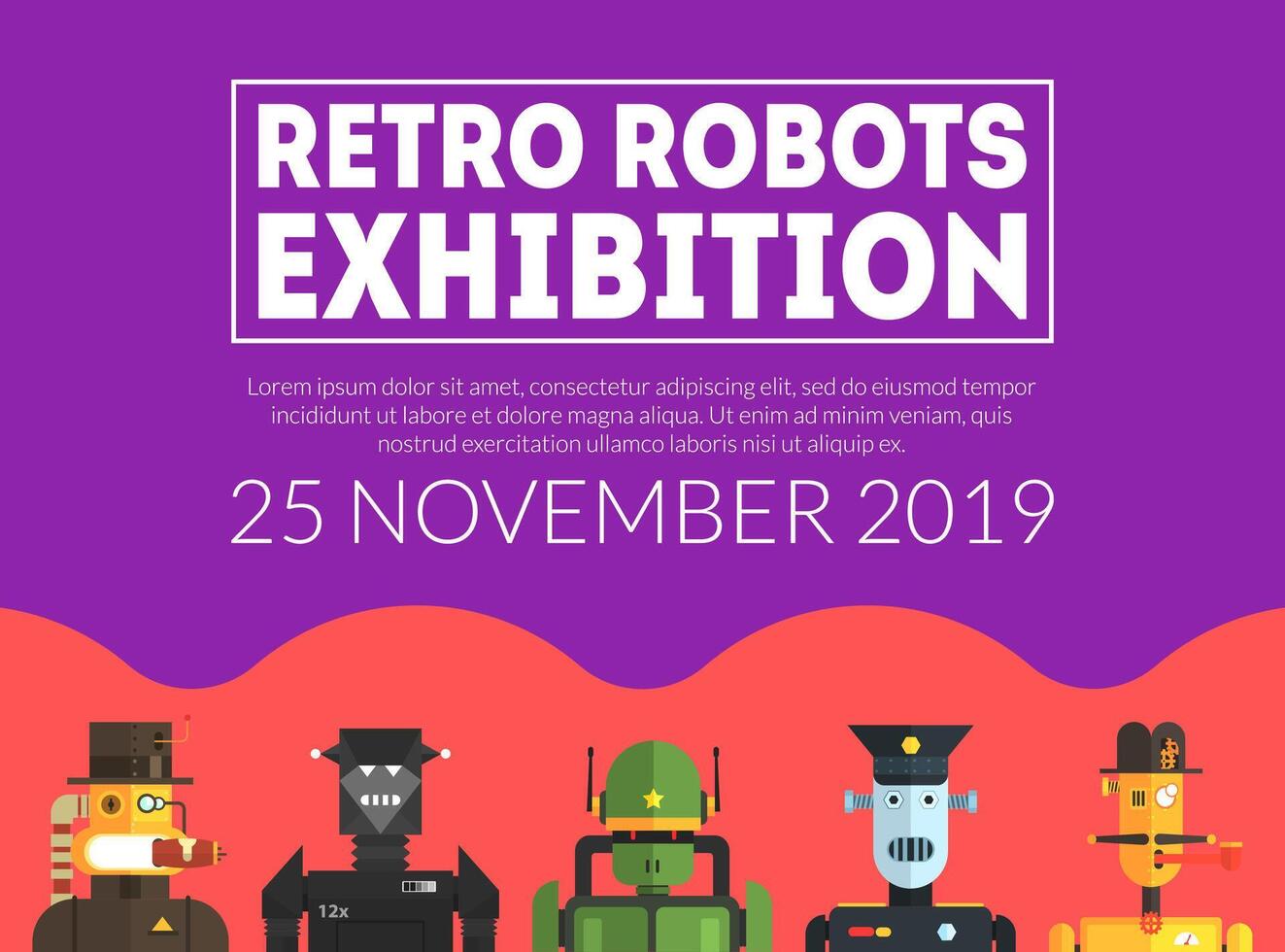Retro Robots Exhibition Banner Template, Artificial Intelligence Technologies Advertising Flyer, Poster, Promo Brochure Illustration vector