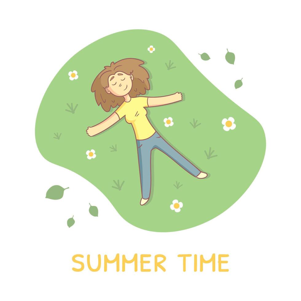 Girl Lying on Green Grass in Park and Relaxing, Person Enjoying Beautiful Nature, Summer Time Illustration vector