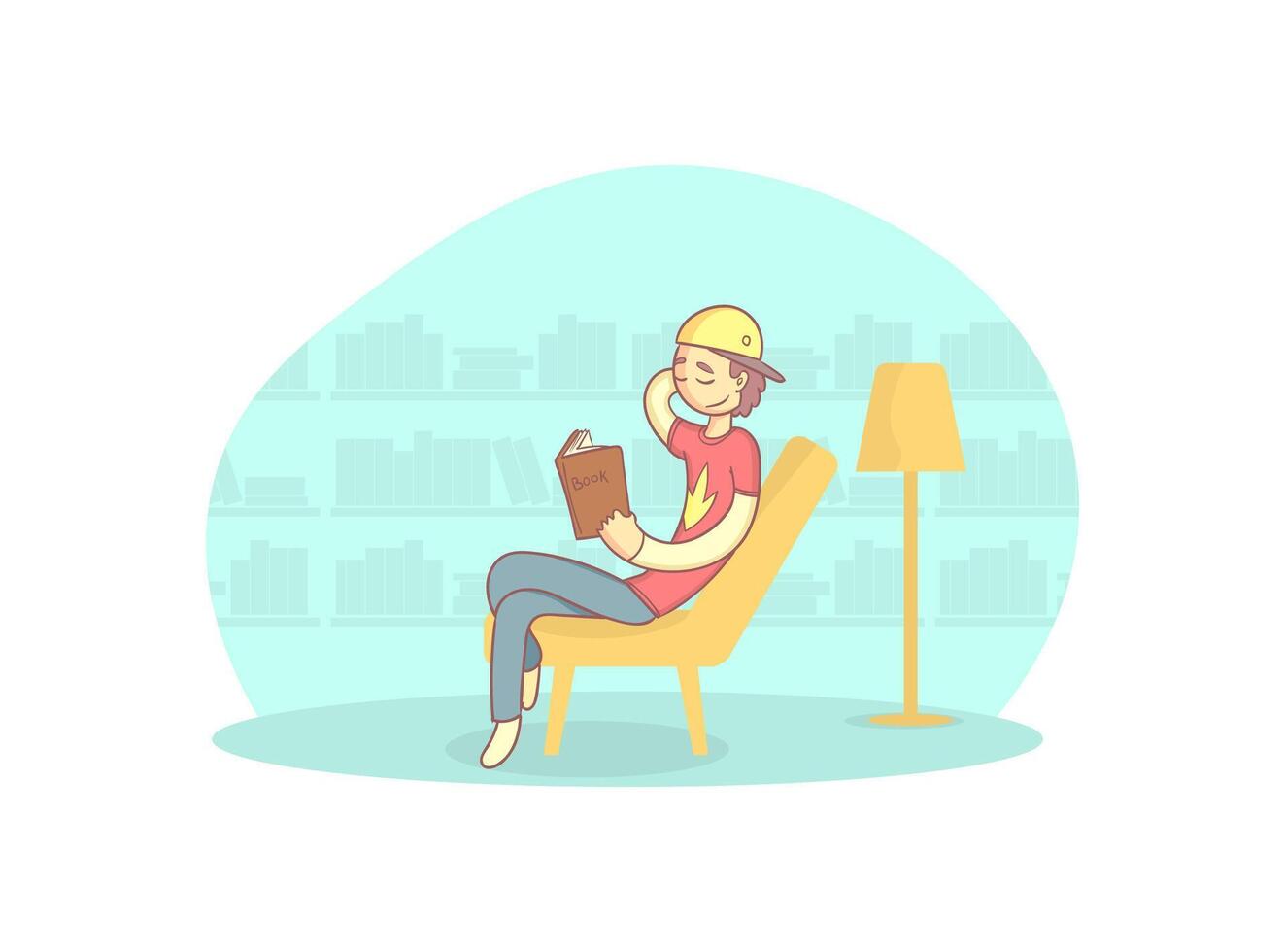 Boy Sitting in Armchair and Reading Book, Guy Relaxing at Home Illustration vector