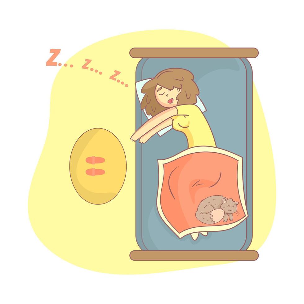 Beautiful Girl and Her Cat Sleeping in the Bed Illustration vector
