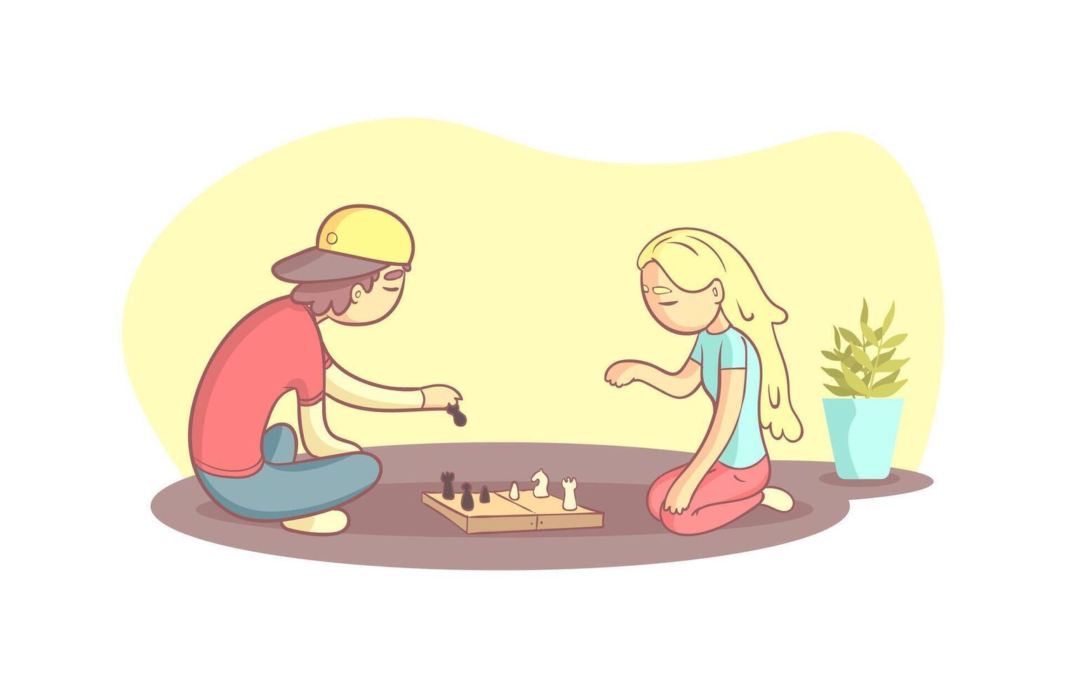 Girl And Guy Sitting on the Floor and Playing Chess Illustration vector