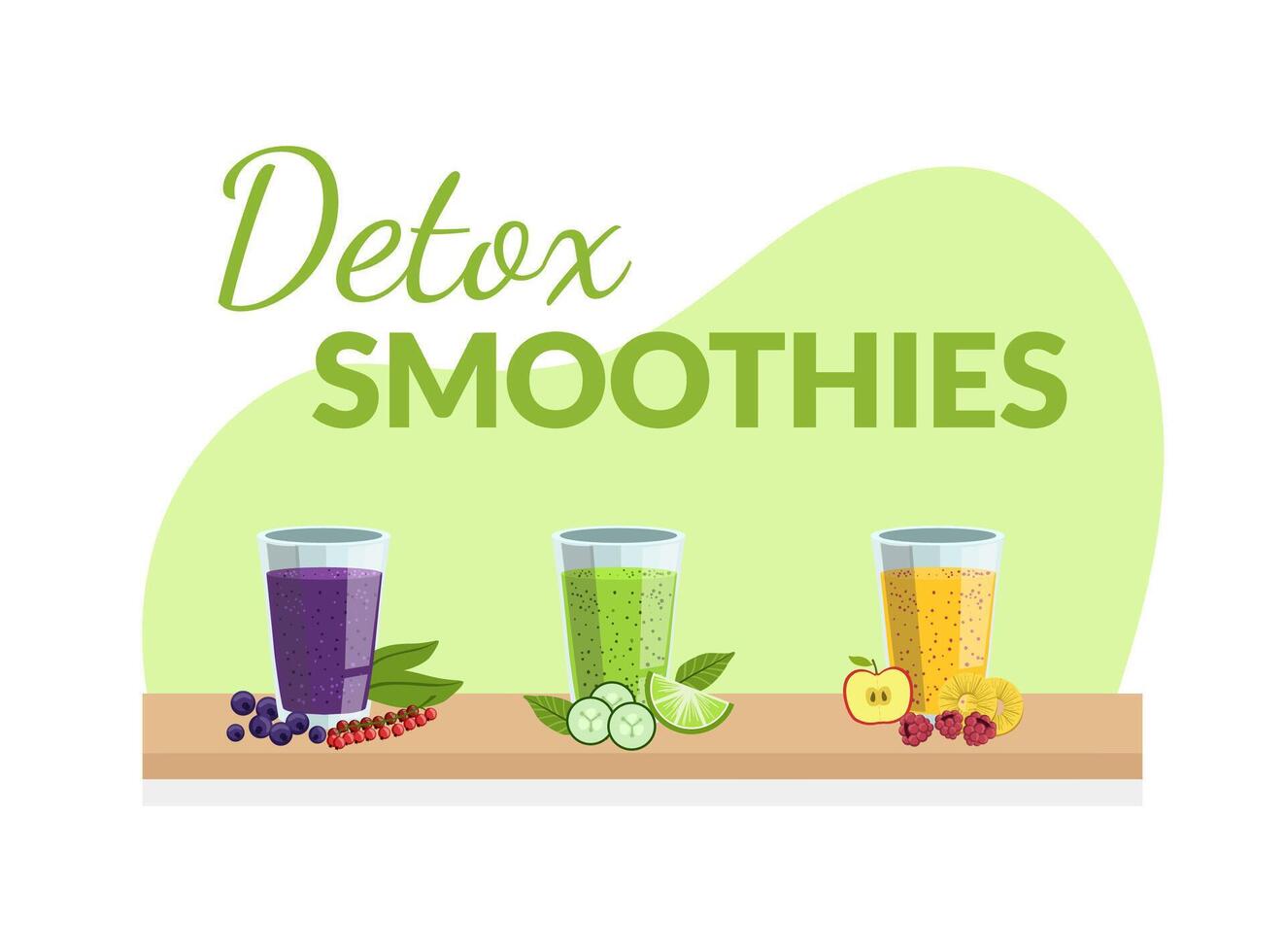 Detox Smoothies Banner Template with Fresh Drinks Made of Fruits, Berries and Vegetables Illustration vector
