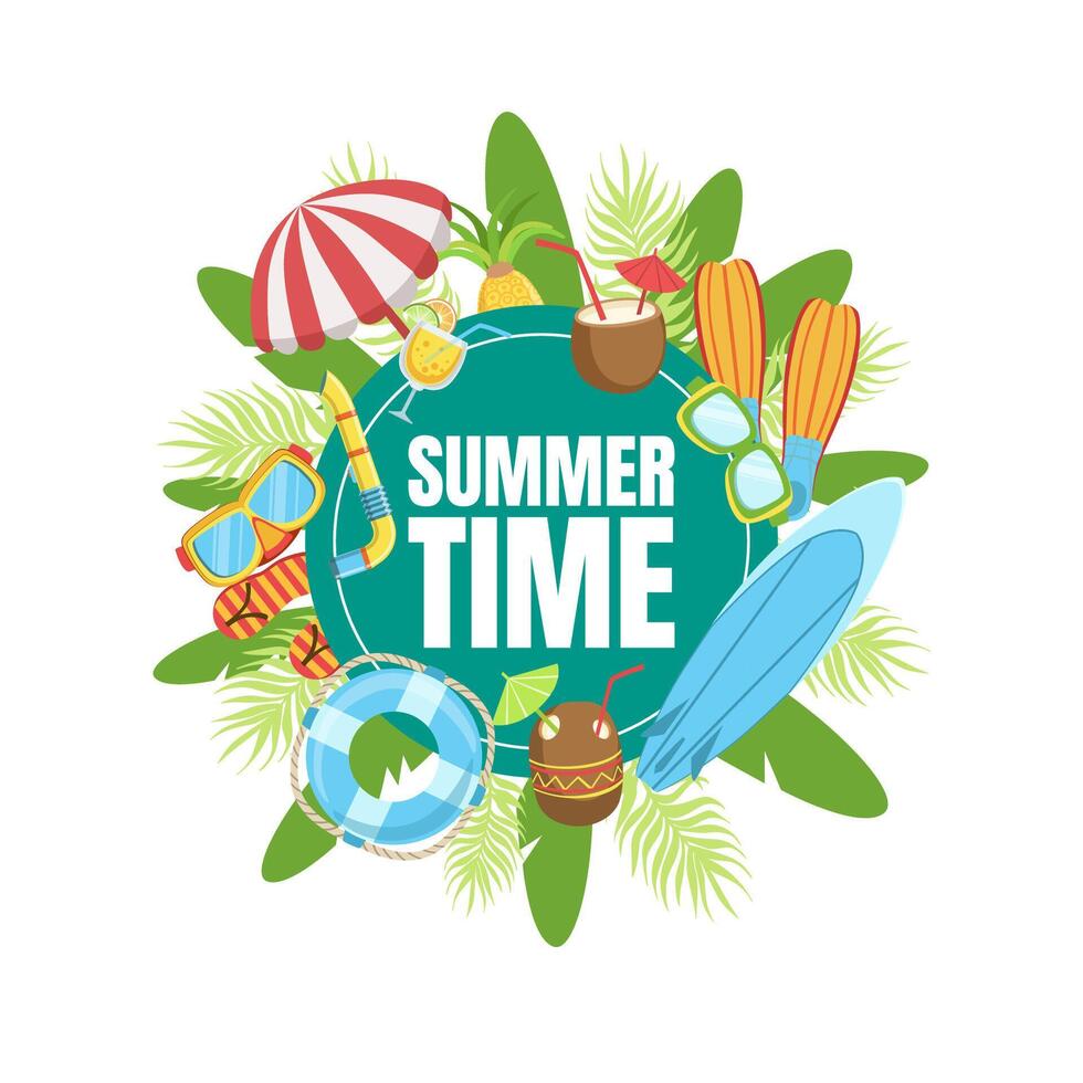 Summer Time Banner Template with Tropical Beach Elements, Summer Holidays Season Illustration vector