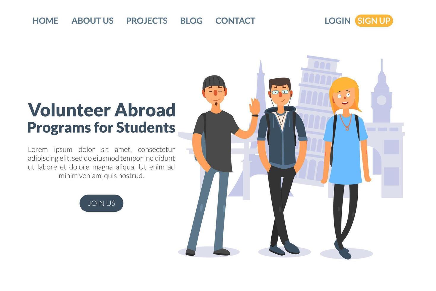 Volunteer Abroad, Programs for Students Landing Page Template, Education and Science Training, Learning Courses Website Illustration vector