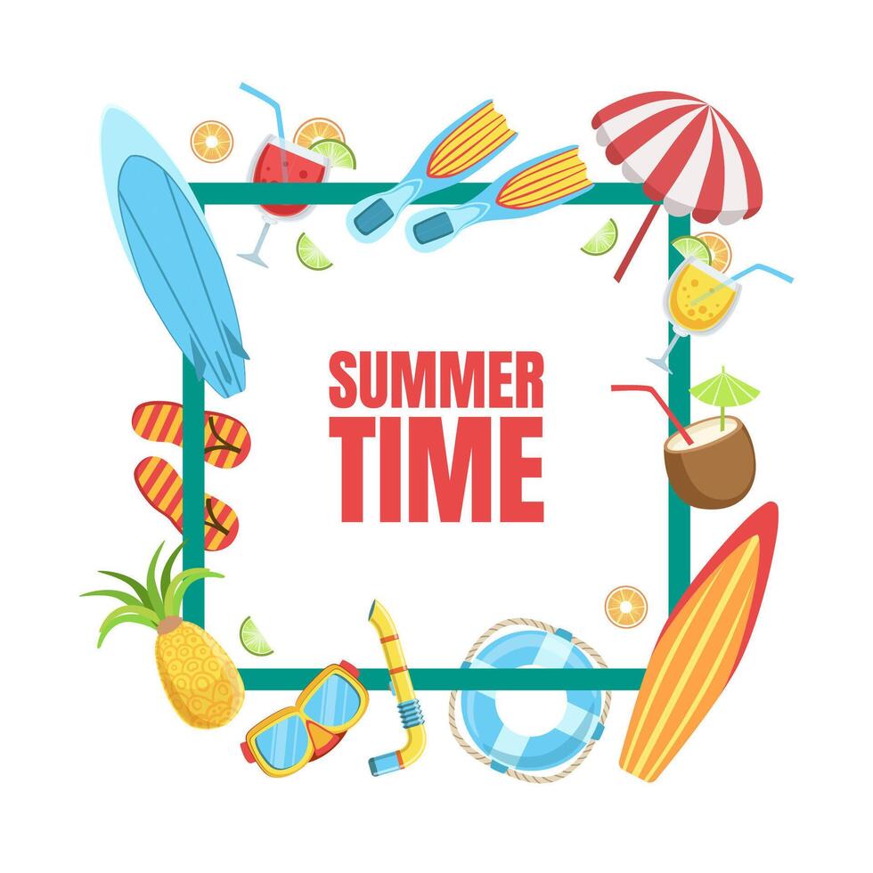 Summer Time Banner Template with Tropical Beach Elements, Exotic Summer Holidays Season Illustration vector
