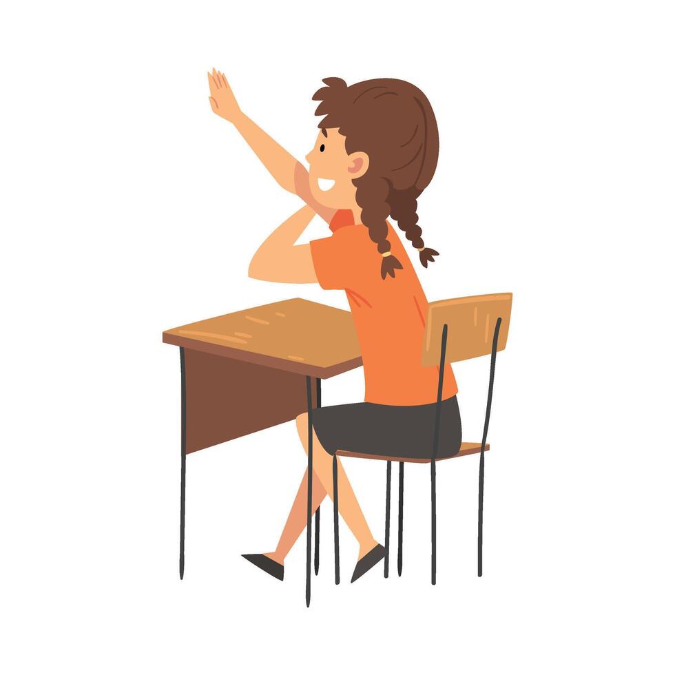 Girl Student Sitting at the Desk in Classroom and Rising her Hand, Side View Illustration vector