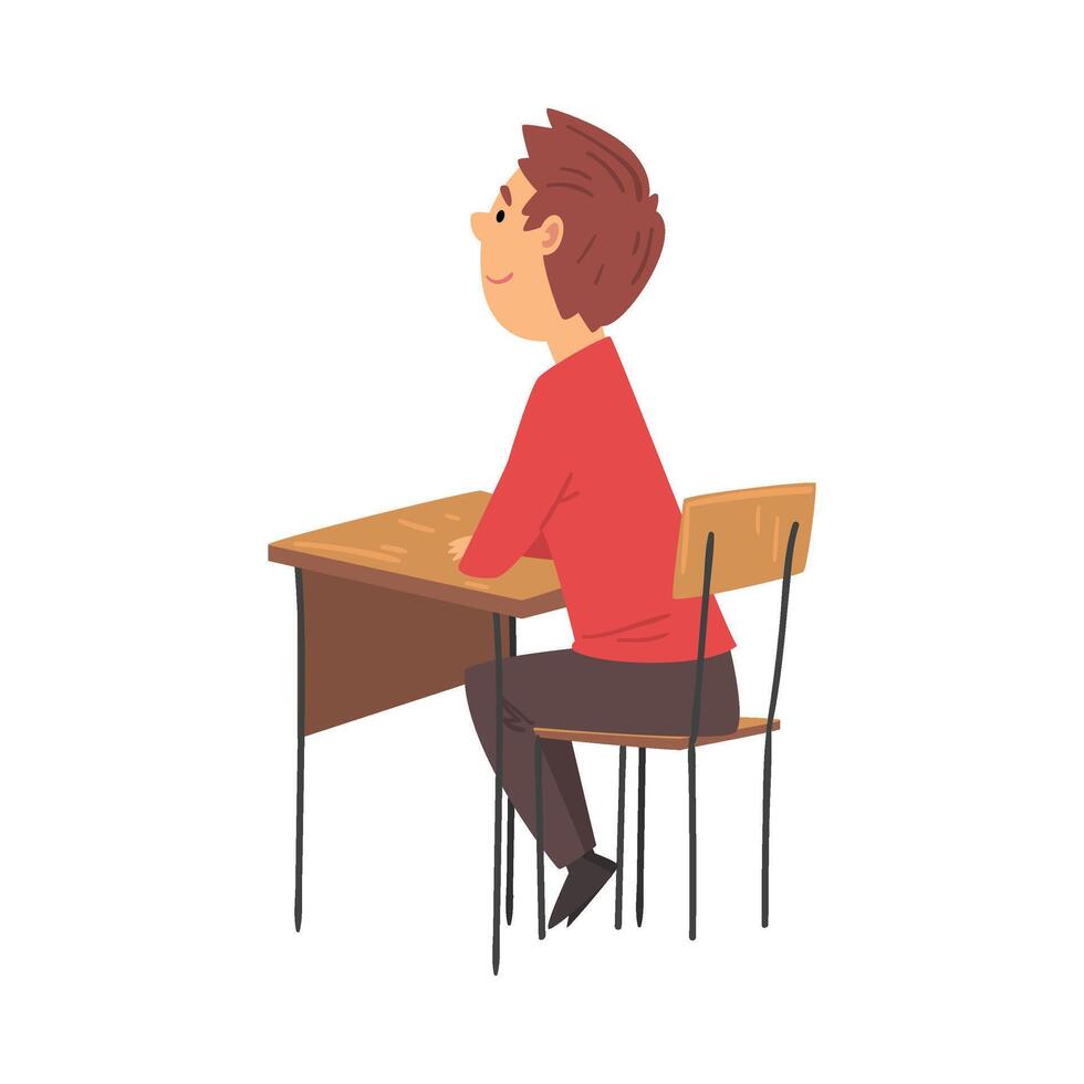 Boy Student Sitting at the Desk in Classroom, Side View Illustration vector