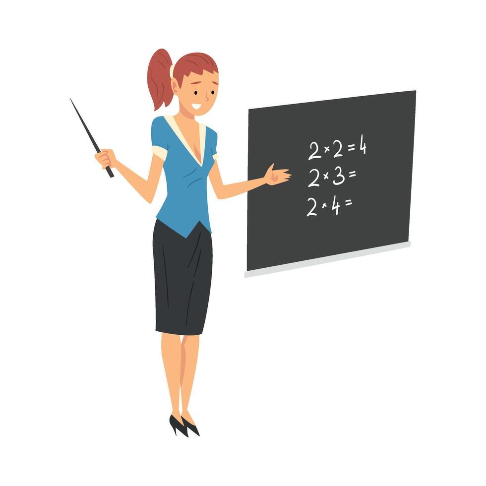 Female Teacher Standing Beside Chalkboard and Explaining Math Lesson Illustration vector