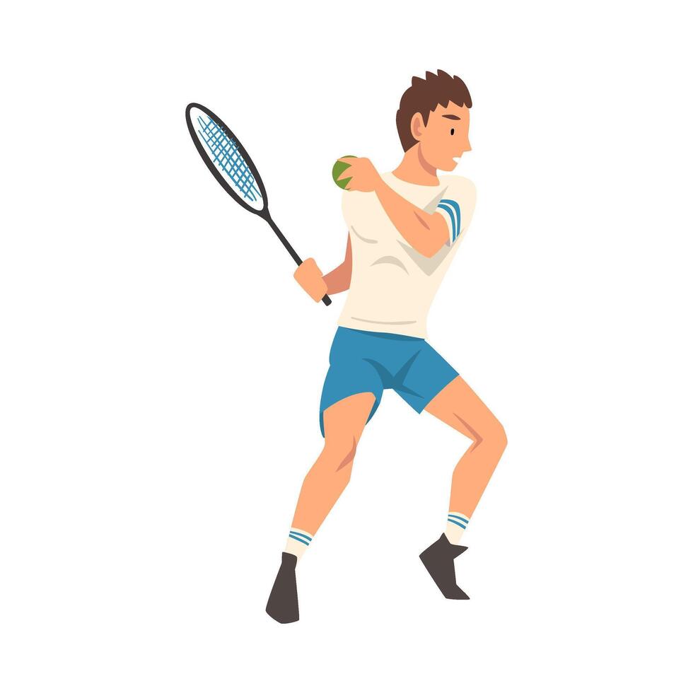 Tennis Player with Racket, Male Athlete Character in Uniform Taking Part in Competition Illustration vector