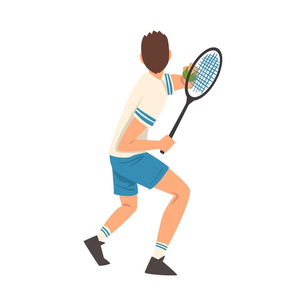 Tennis Player with Racket, Male Athlete Character Taking Part in Competition, View From Behind Illustration vector