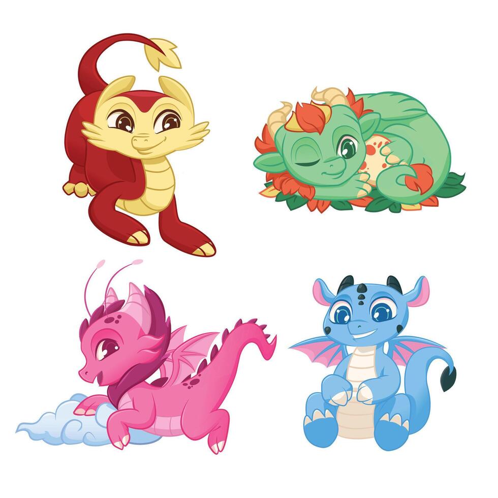 Cute Little Dragons Set, Colorful Adorable Mythological Animal Characters Illustration vector