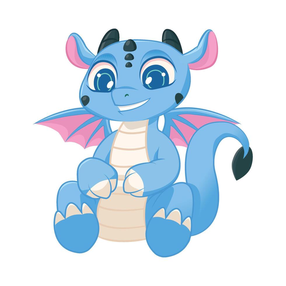 Cute Blue Little Dragon, Lovely Mythological Animal Character Illustration vector