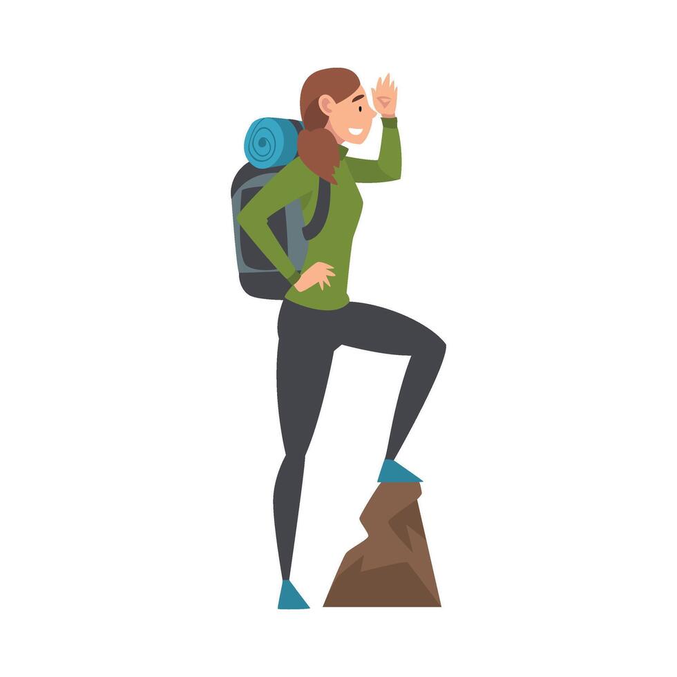 Young Woman with Backpack Standing on Top of the Mountain and Looking into the Distance, Illustration vector
