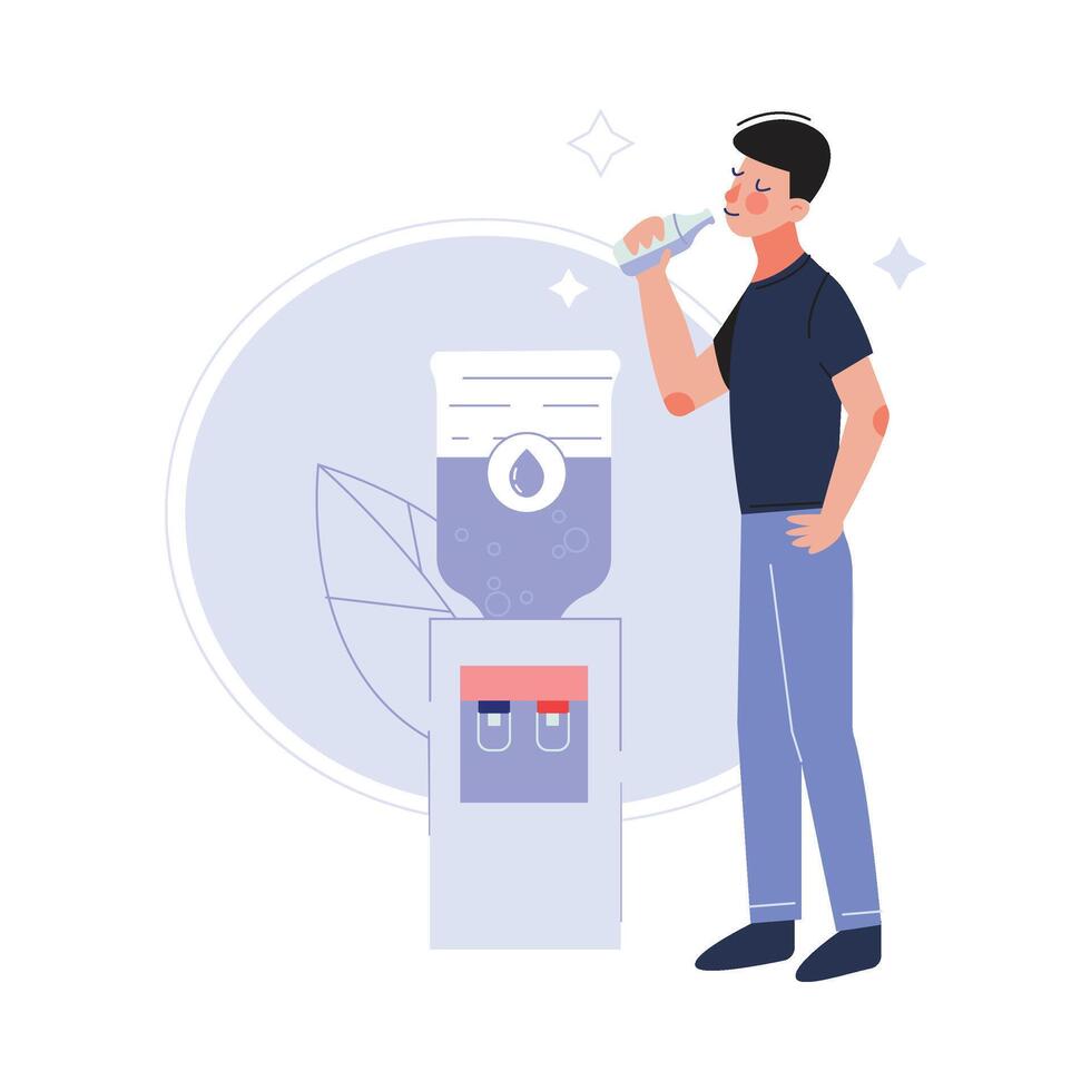Young Man Drinking Fresh Clean Water at the Cooler in the Office Illustration vector