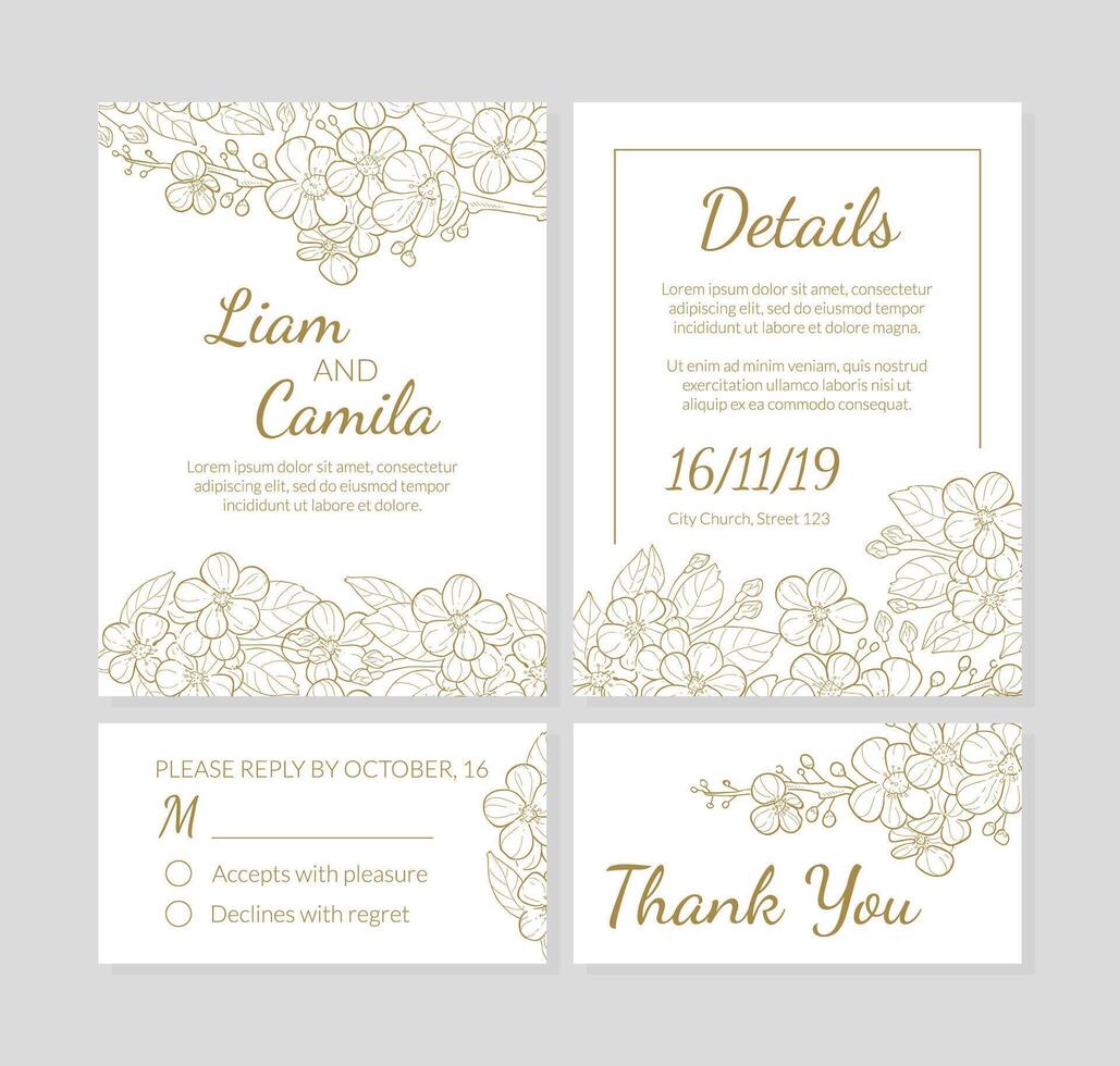 Wedding Invitation Template Set, Thank You, Card with Hand Drawn Flowers and Space for Text Illustration vector