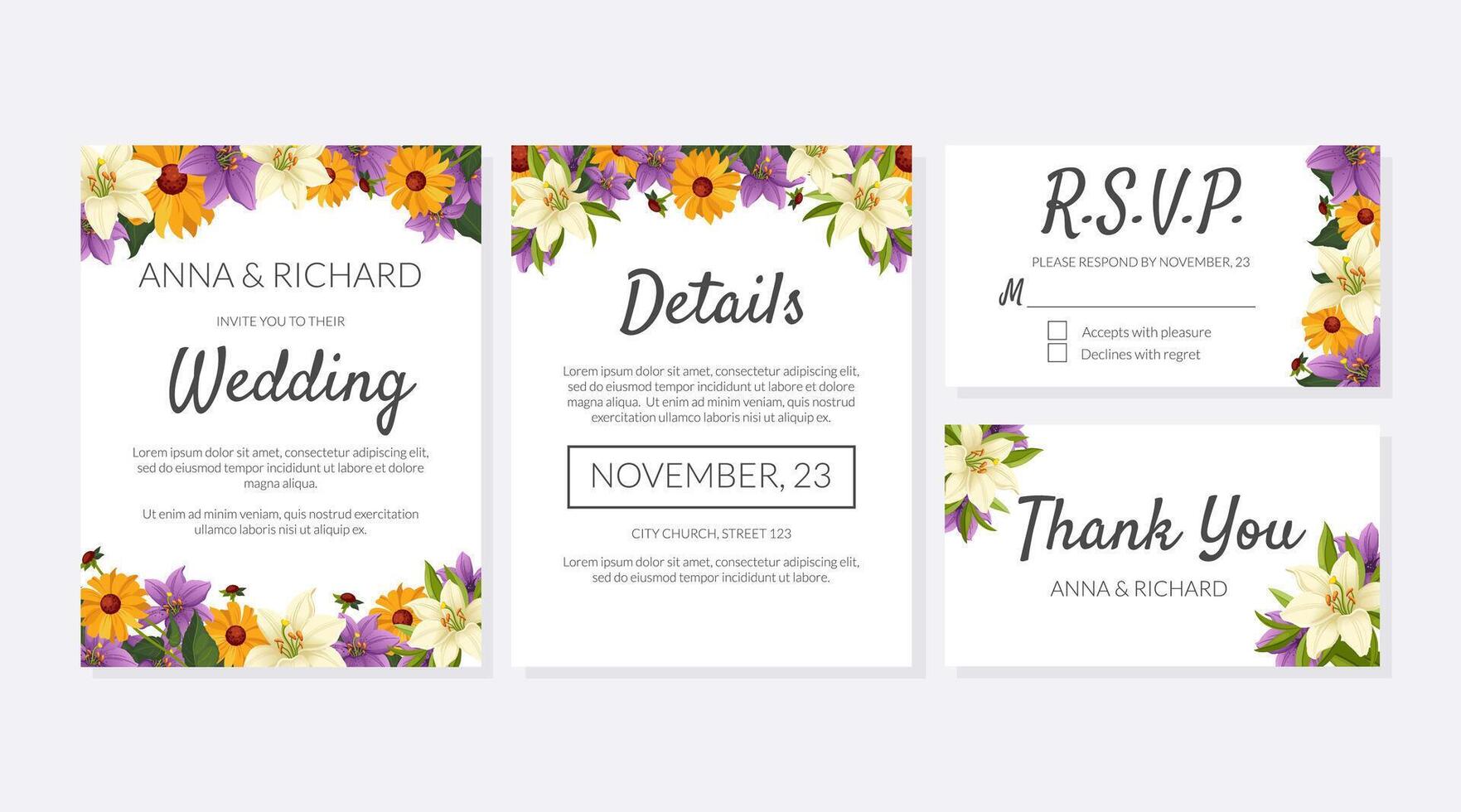 Wedding Invitation Template Set, Thank You, Rsvp Elegant Card with Beautiful Flowers and Space for Text Illustration vector