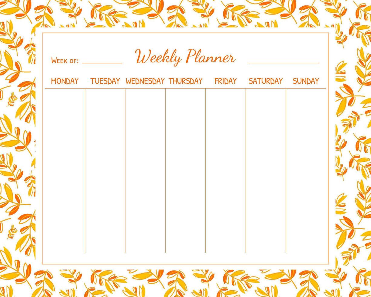 Weekly Planner Template with Autumn Leaves, Organizer and Schedule with Place for Notes Illustration vector