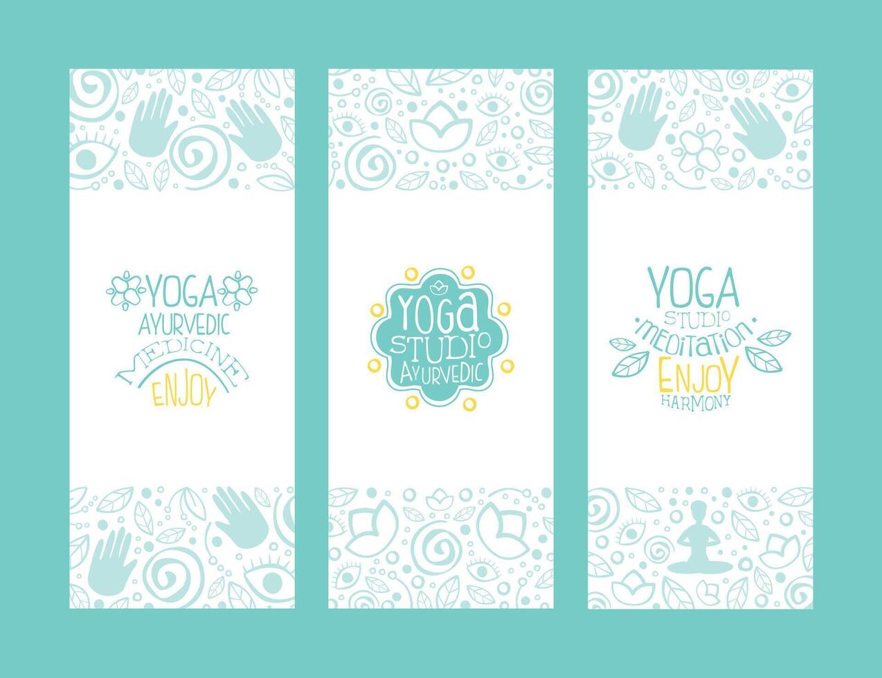 Yoga Ayurvedic Medicine Studio Banner Templates Set, Enjoy Yoga Meditation Studio Hand Drawn Illustration vector